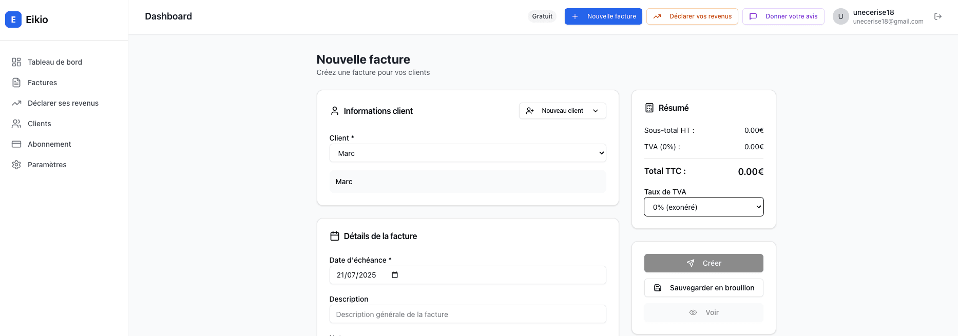 Création de facture sur Eikio